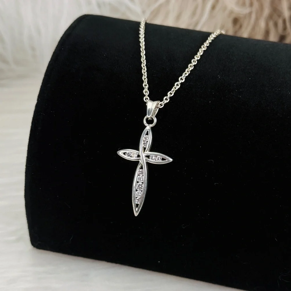 Beautiful silvertone, clear bling CZ others cross pendant costume necklace
